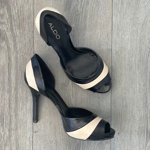 Aldo Black and Cream Stripe Peep Toe Stiletto-39(8.5)